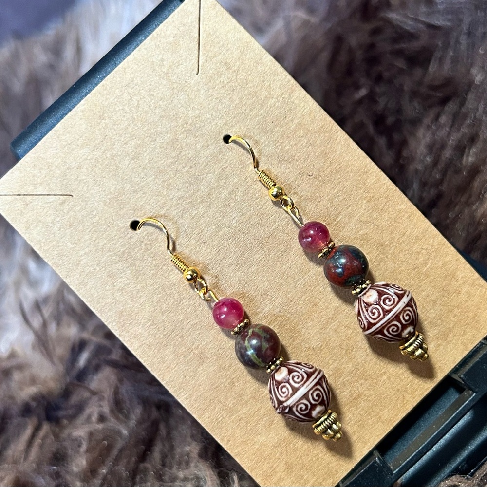 Handcrafted Vintage Bead Dragon Blood Elbaite Stone Earrings